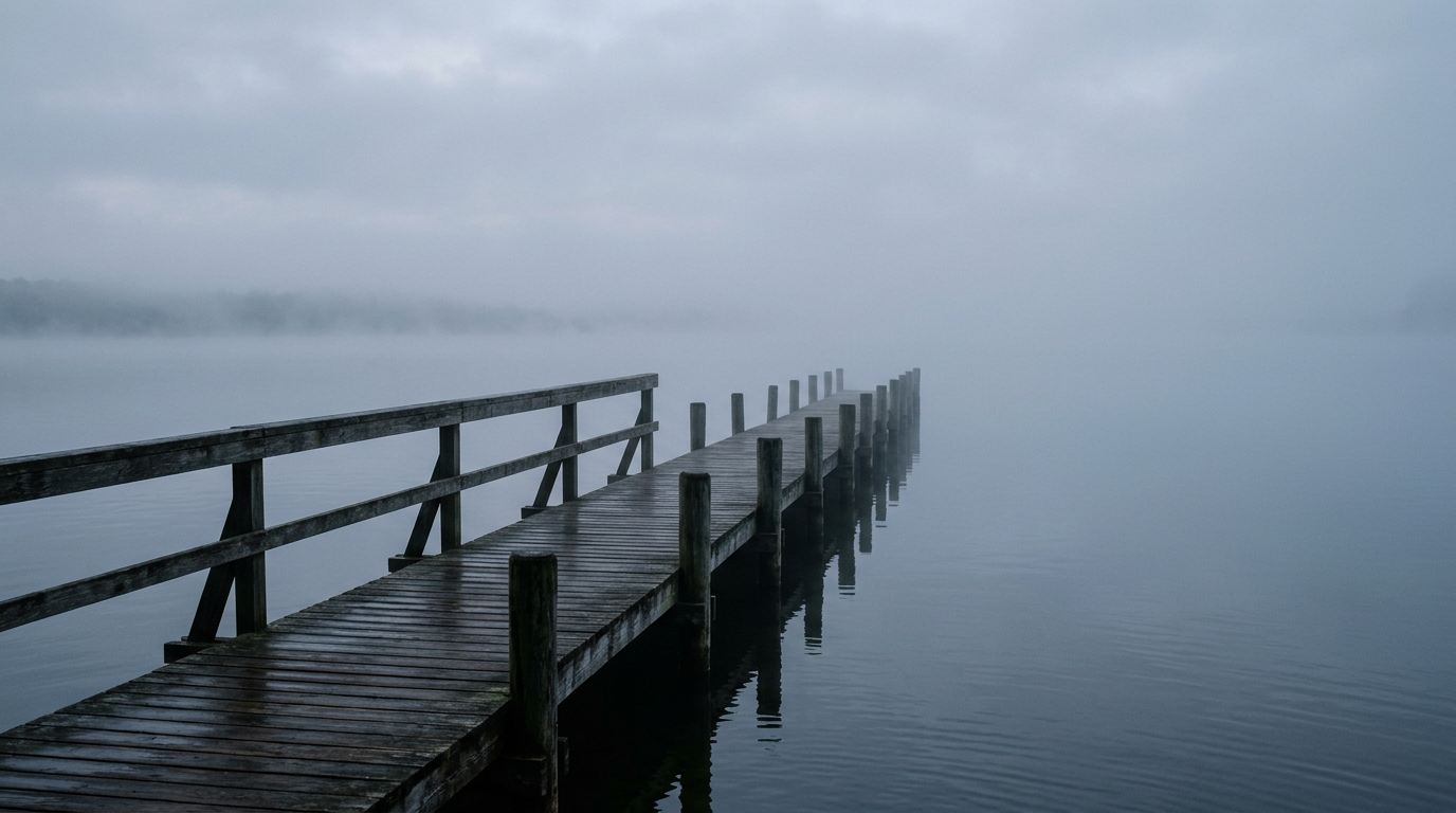 Foggy morning pier with muted tones and calm water
