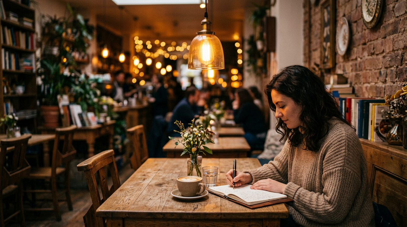 Café interior with warm lamp light and blurred background