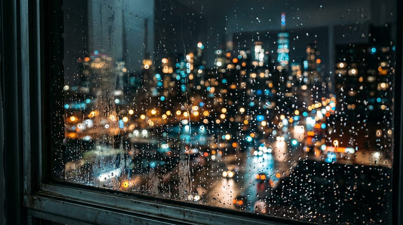Rain on glass with city lights bokeh behind