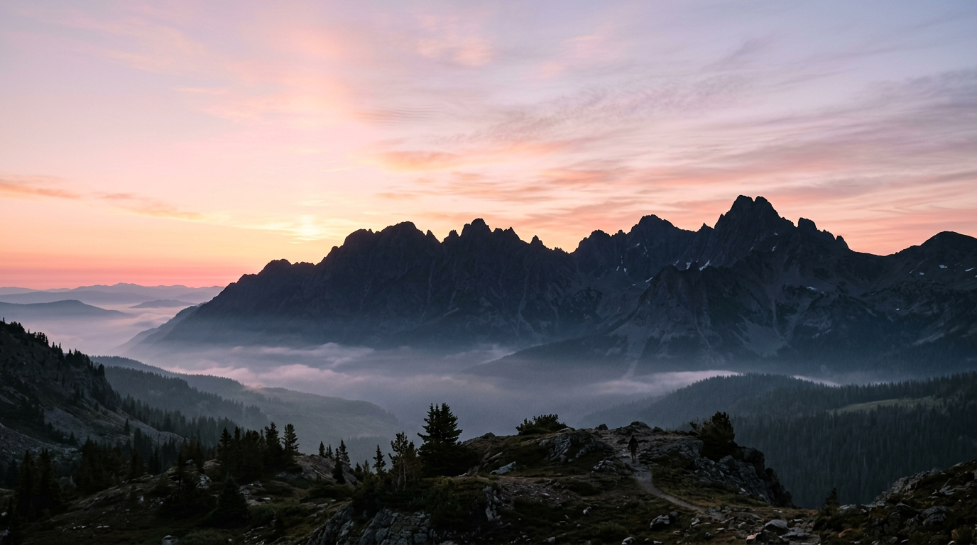 Mountain ridge at dawn with soft pink sky