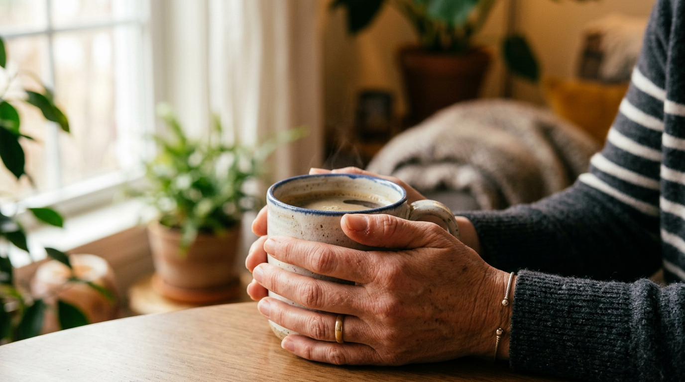 Close-up of hands holding a ceramic cup in soft light