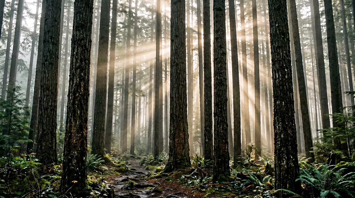 Tall photograph of forest trunks and vertical light rays