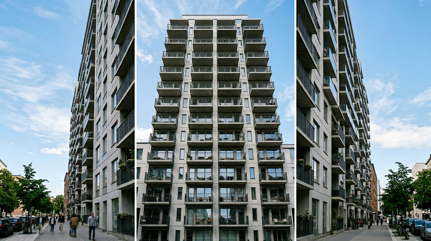 Urban facade with repeating balconies and soft shadow
