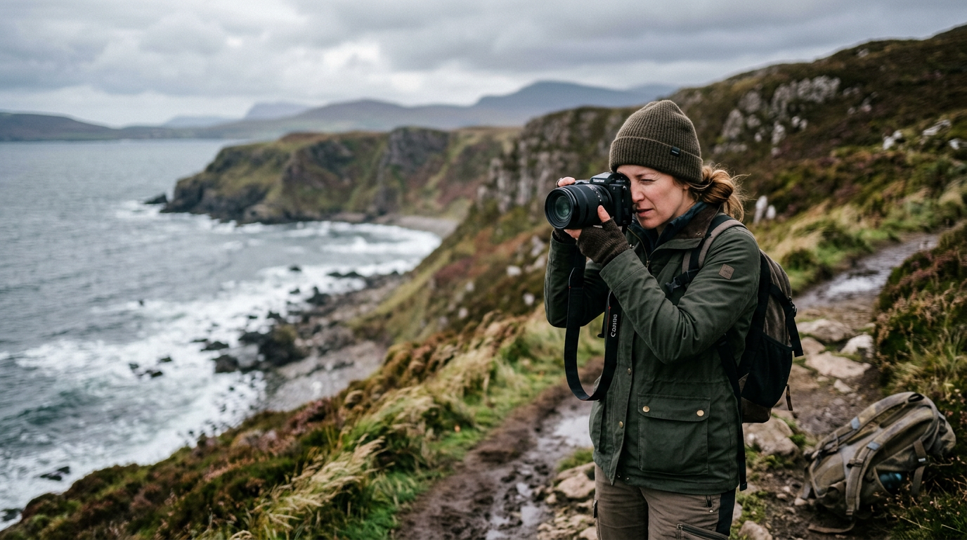 Photographer adjusting camera in soft outdoor light with blurred natural background