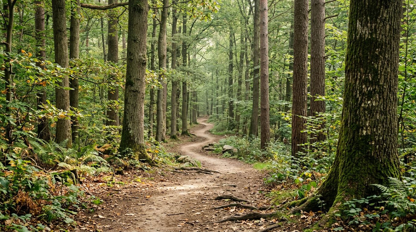 Photograph of a winding path through trees with strong leading lines and layered depth