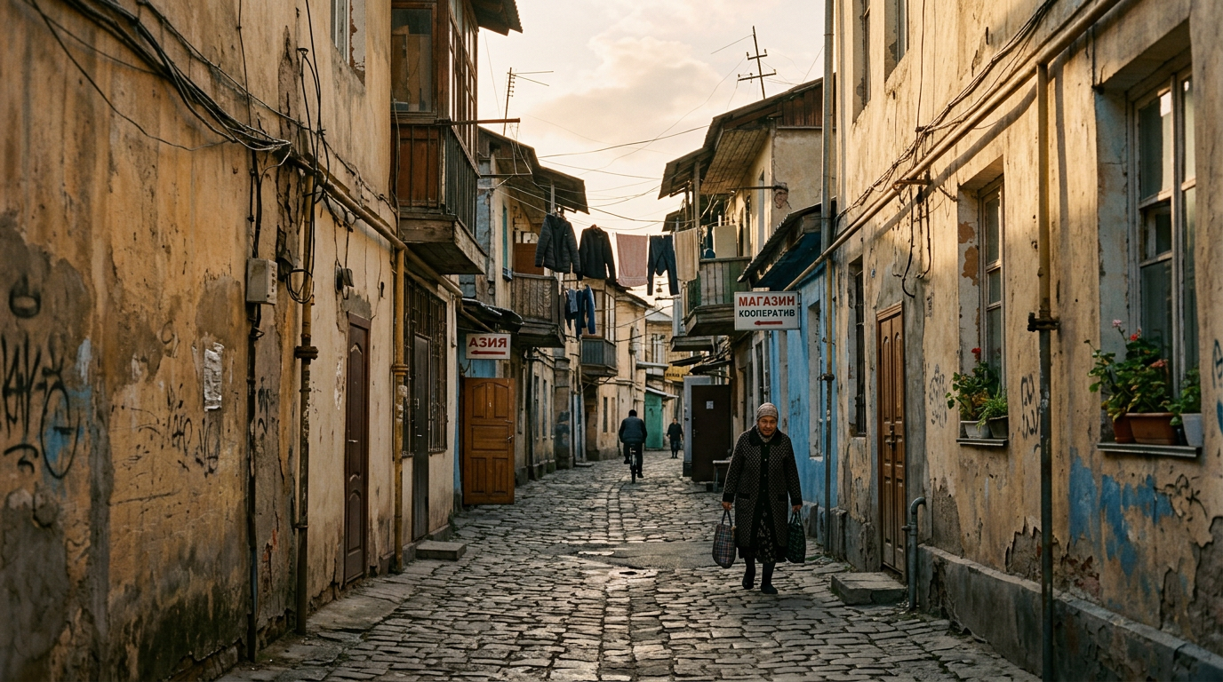 Narrow city alley with warm light on worn walls and a distant figure walking away
