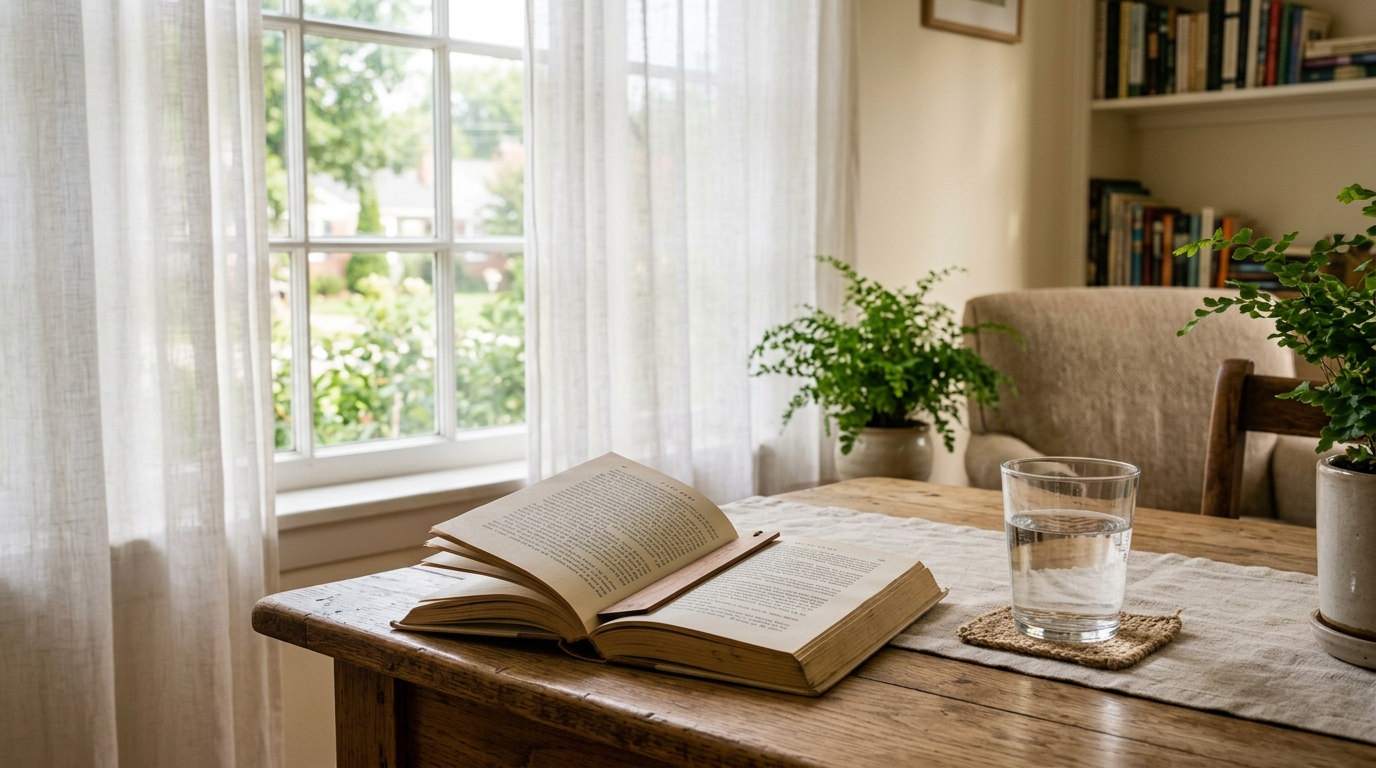 Soft daylight through a window onto a simple table with a glass and book