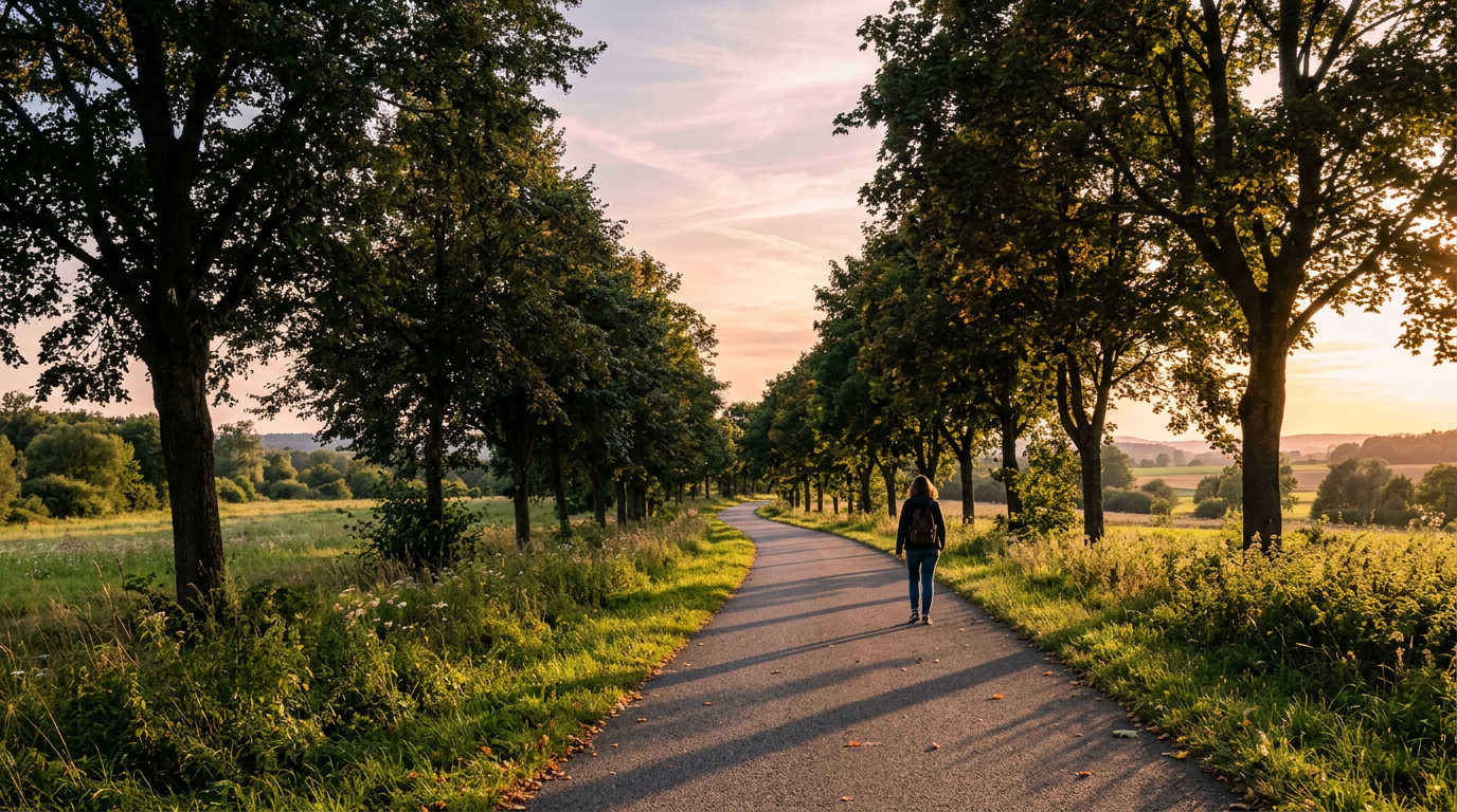 Outdoor scene at golden hour with long shadows across a path and trees